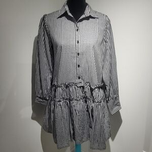 En Saison Women's Long Sleeve Tiered Gingham Shirt Dress Small Black White Cute